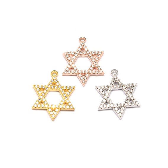 Étoiles de David micro cuivres ouvrir pendentifs de zircons, pour juif, sans cadmium et sans plomb, 20x16x2mm, Trou: 1mm