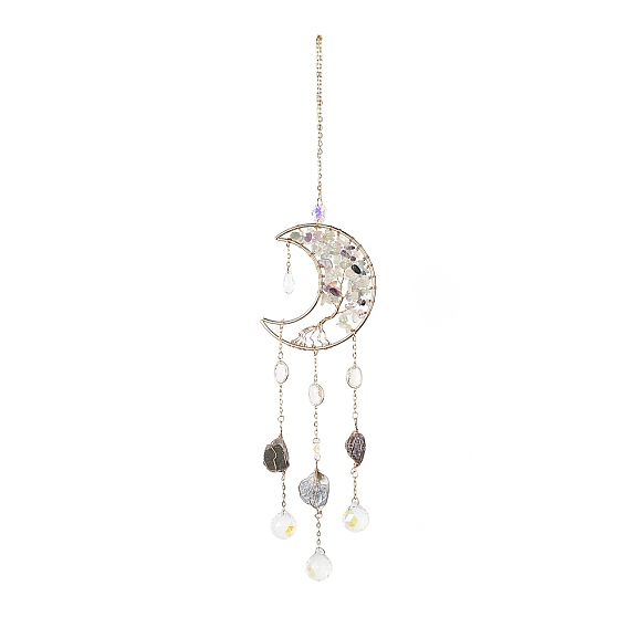 Copeaux de fluorite naturelle lune perlée avec arbre de vie attrape-soleil suspendus, avec une larme de verre, avec les accessoires en fer