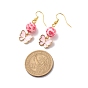 3 Pairs 3 Style Pink Alloy Enamel Charms & Resin Beads Dangle Earrings, Valentine Theme Brass Jewelry for Women, Golden