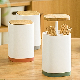 Plastic Automatic Pop-up Toothpick Holder Box, Press Open Toothpick Storage Container, with Wood Cover
