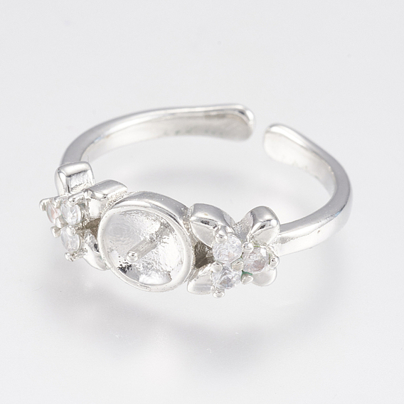 Anillos de puño de latón ajustable, componentes de anillos abiertos, con circonita, por medio perforó perlas, flor