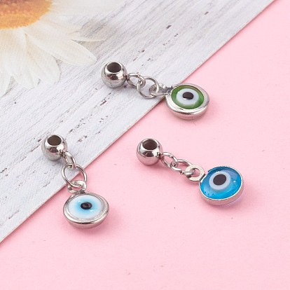 Handmade Lampwork Pendants, with 304 Stainless Steel Tube Bails, Flat Round with Evil Eye, Stainless Steel Color
