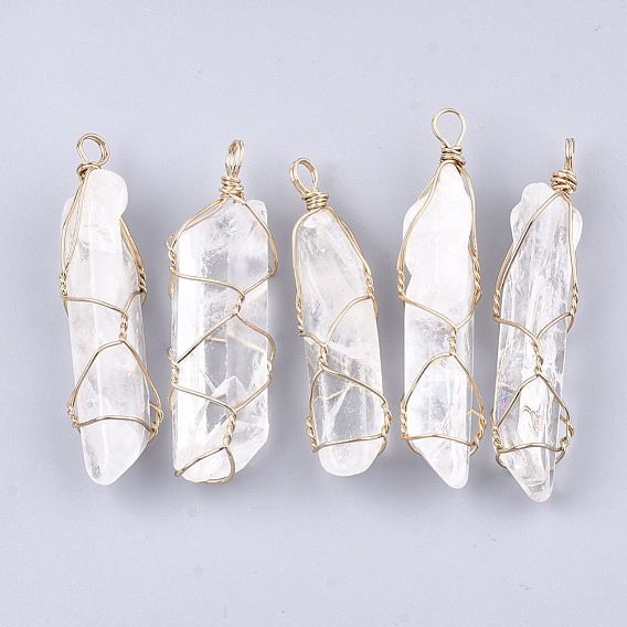 Natural Quartz Crystal Big Pendants, with Iron Findings, Nuggets, Golden