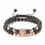 2Pcs 2 Style Natural Obsidian & Synthetic Hematite Braided Bead Bracelets Set with Cubic Zirconia Leopard, Gemstone Jewelry for Women