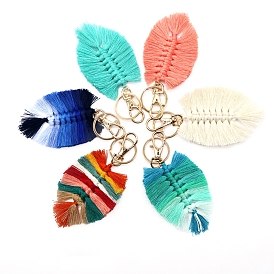 Cotton Tassel Keychain, with Golden Plated Alloy Findings & Iron Key Ring, Feather