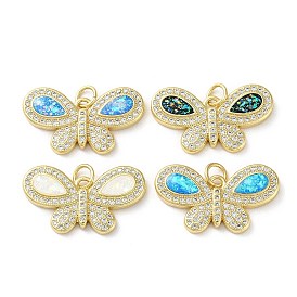 Brass Micro Pave Clear Cubic Zirconia Pendants, with Synthetic Opal, with Jump Ring, Real 18K Gold Plated, Butterfly
