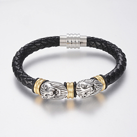 Bracelets cordon cuir tressé, avec 304 trouvailles de perles en acier inoxydable et fermoirs magnétiques, lion