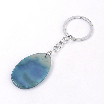 Natural Agate Keychain, with Iron Findings, Mixed Color, Drop, Platinum