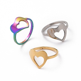 201 Stainless Steel Heart Finger Ring, Hollow Wide Ring for Women
