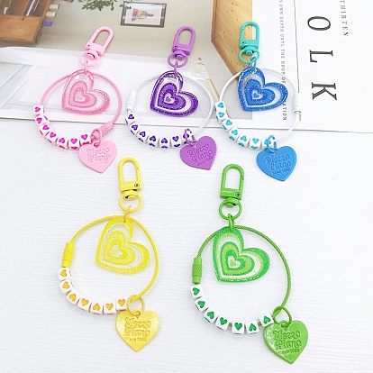Porte-clés pendentif acrylique cube et coeur, avec cordon en polyester et apprêts en alliage peint par pulvérisation