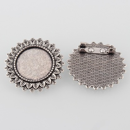 Vintage Alloy Flower Brooch Cabochon Bezel Settings, Cadmium Free & Lead Free, with Iron Pin Back Bar Findings, Flat Round Tray: 20mm, 33x2mm, Pin: 0.8mm