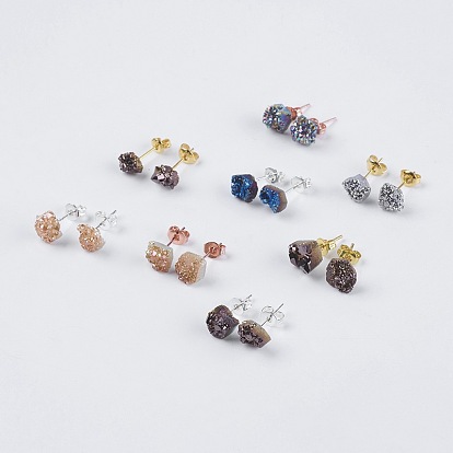 Brass Ear Stud Components, with Natural Druzy Agate, Nuggets, Silver Color Plated