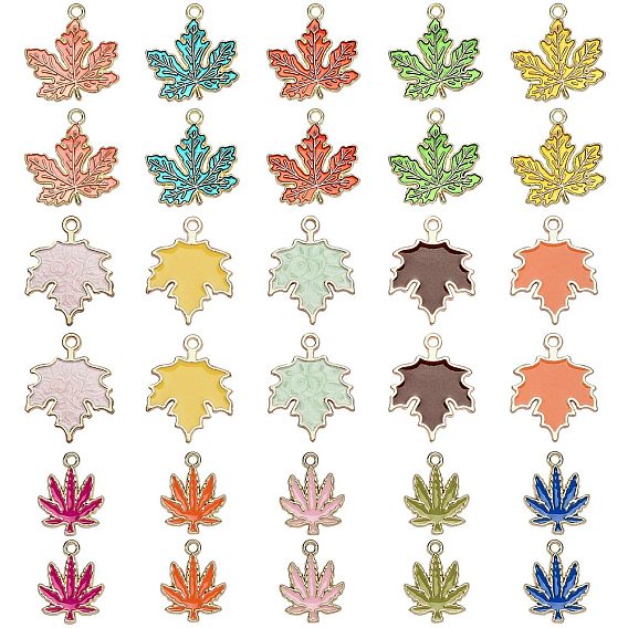 30Pcs 15 Style Zinc Alloy Enamel Pendants, Light Gold, Maple Leaf