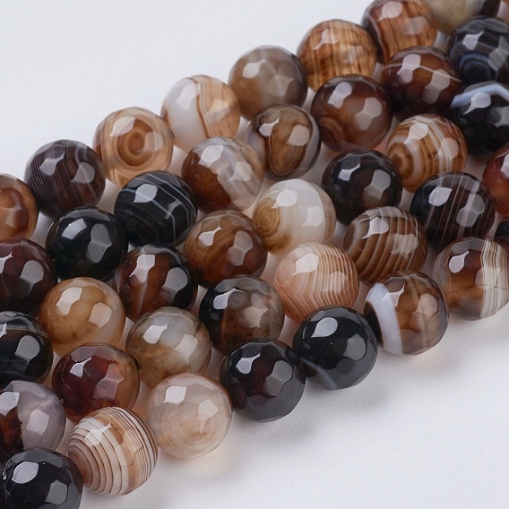 Agate à rayures naturelles / brins de perles d'agate, facette, teint, ronde