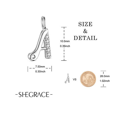 SHEGRACE 925 Sterling Silver Charms, with Grade AAA Cubic Zirconia, For Bracelet Making, Letter A, Clear