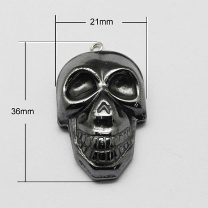 Non-magnetic Hematite Pendants for Halloween, Grade A, with Iron Findings, Skull, 36x21x9mm, Hole: 2mm