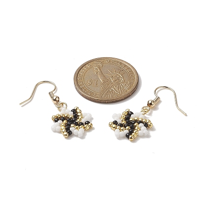 Handmade Seed Beaded Octagram Dangle Earrings, Golden Brass Wire Wrap Jewelry for Women