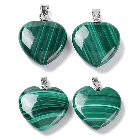 Natural Malachite Pendants, Heart Charms, with Platinum Plated 925 Sterling Snap on Bails