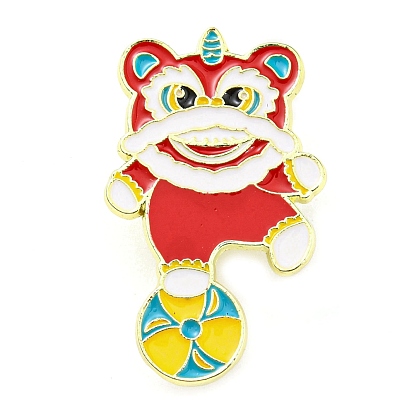 Chinese Style Dancing Lion Enamel Pins, Golden Tone Alloy Brooches for Women