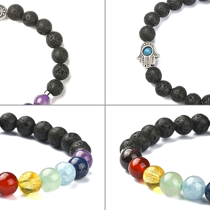 Bijoux de chakra bracelets extensibles de perles de lave naturelle, avec des perles de pierres précieuses naturelles et des accessoires en alliage