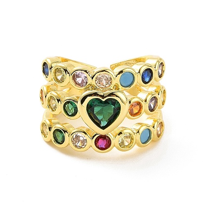 Colorful Cubic Zirconia Heart Open Cuff Ring, Rack Plating Brass Triple Line Wide Ring for Women, Cadmium Free & Lead Free
