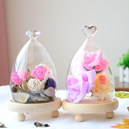 Diamond/Heart Shaped Top Clear Glass Dome Cover, Decorative Display Case, Cloche Bell Jar Terrarium with Wood Base
