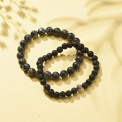 2Pcs 2 Style Natural Gemstone & Lava Rock Stretch Bracelets Set, Essential Oil Gemstone Jewelry for Women