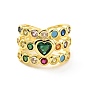 Colorful Cubic Zirconia Heart Open Cuff Ring, Rack Plating Brass Triple Line Wide Ring for Women, Cadmium Free & Lead Free