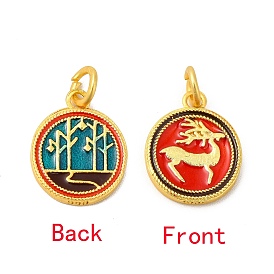 Rack Plating Alloy Enamel Pendants with Jump Ring, Double Side with Deer Pattern Flat Round Charms