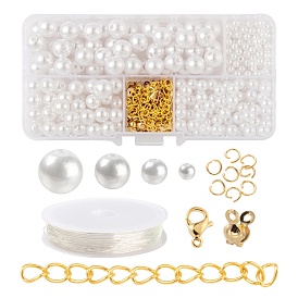 DIY Jewelry Sets Making Kits, Including ABS Plastic Imitation Pearl Beads, 304 Stainless Steel Jump Rings & Lobster Claw Clasps & Bead Tips, Iron Twist Chains, Elastic Crystal