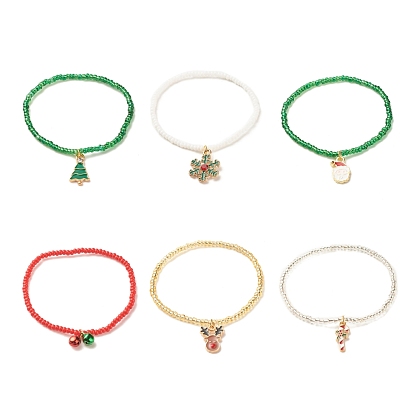 6Pcs 6 Style Glass Seed Stretch Bracelets Set, Christmas Tree & Snowman & Bell & Reindeer Alloy Enamel Charm Bracelets for Women