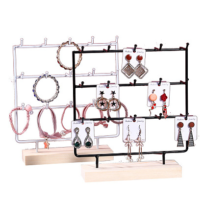 3-Tier 15-Hook Iron Jewelry Display Stands with Wooden Base, Jewelry Organizer Holder for Earring Display Cards, Hair Ties, Bracelets Storage, Rectangle