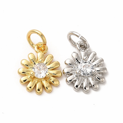 Rack Plating Brass Cubic Zirconia Flower Pendants, with Jump Ring, Long-Lasting Plated, Cadmium Free & Lead Free, Daisy Charm