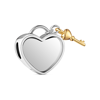TINYSAND 925Sterling Silver European Beads, Lock Key Dangle Heart Photo Charms
