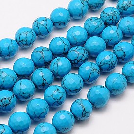 Perles synthétiques turquoise brins, facette, teint, ronde