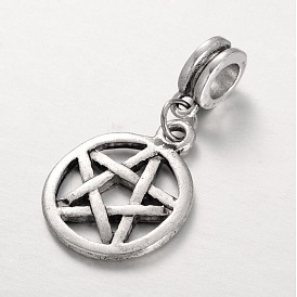 Tibetan Style Alloy Large Hole European Dangle Charms,  Wicca Charms, Flat Round with Star, 32mm, Hole: 5mm