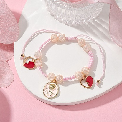 Synthetic Crackle Quartz Braided Bead Bracelet, Heart & Rose Alloy Enamel Charm Bracelet for Valentine's Day