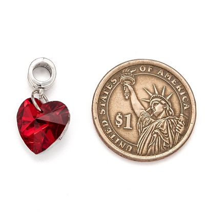 Breloques européennes en alliage à grand trou, avec pendentifs coeur en verre electroplated, argent antique, 25mm, Trou: 5mm