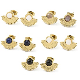 Real 18K Gold Plated 304 Stainless Steel Fan Stud Earrings, with Natural Mixed Stone