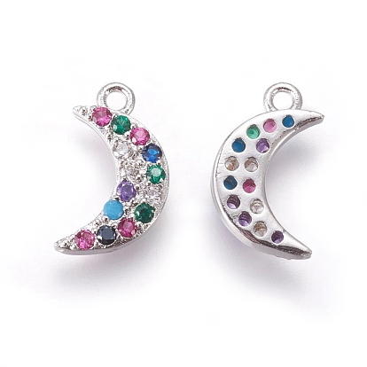 Brass Cubic Zirconia Charms, with Enamel, Moon