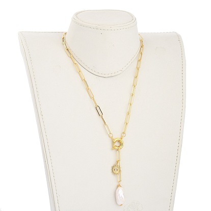 Colliers de lariat perle baroque naturelle, avec chaînes trombones en laiton et pendentif en alliage de strass, soleil à l'oeil