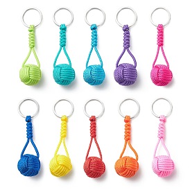 Braided Ball Rope Polyester Keychains, with 304 Stainless Steel Findings, Round