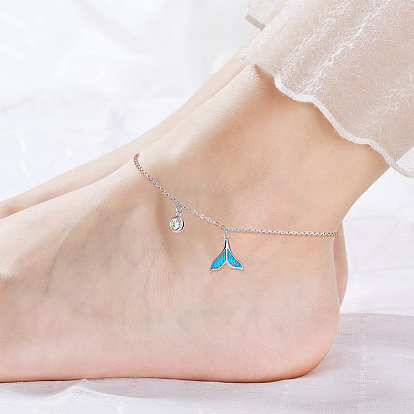 SHEGRACE 925 Sterling Silver Charm Anklets, with Epoxy Resin and Cubic Zirconia, Whale Tail Shape