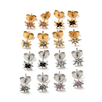 Aretes de flor de diamantes de imitación con 316 pasadores de acero inoxidable quirúrgico, 304 joyas de acero inoxidable para mujer