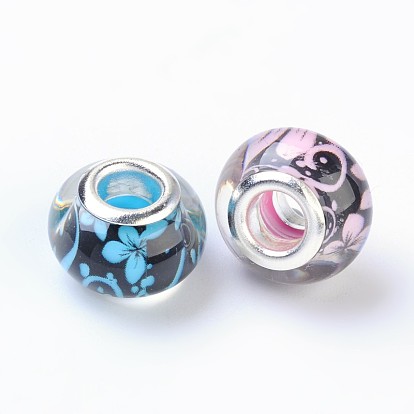 Perles européennes en résine à motif de fleurs à grand trou, avec couleur argent plaqué doubles noyaux de cuivre, rondelle, 14x9mm, Trou: 5mm