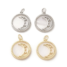 Brass Micro Pave Cubic Zirconia Pendants, with Shell, Flat Round with Moon