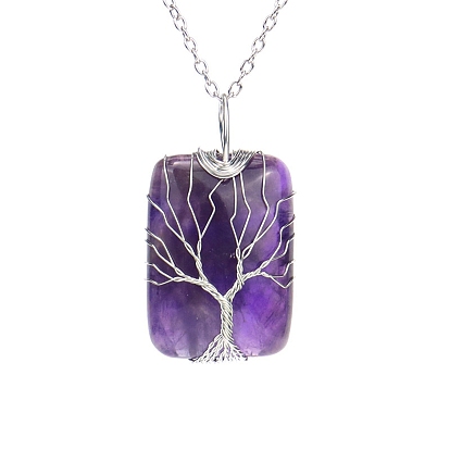 Ожерелье-подвеска из натуральных и синтетических драгоценных камней с латунными цепочками-тросами, прямоугольник с деревом