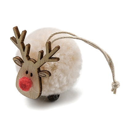 Christmas Themed Plush & Wood Deer Ball Pendant Decoration, Jute Rope Hanging Ornament