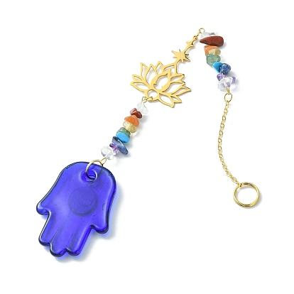 Décorations de pendentif perlé de puce de pierre gemme, avec des lampes à mauvais œil et des ornements suspendus en forme de lotus en acier inoxydable, étoile/larme/rond plat/main de hamsa