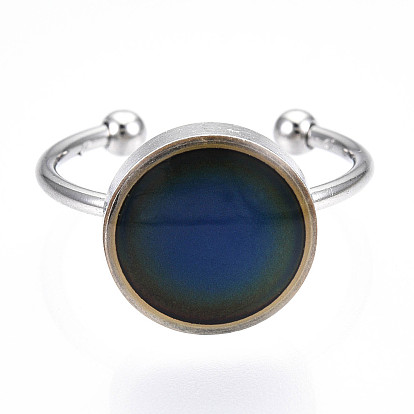 Flat Round Mood Ring, Epoxy Open Cuff Ring, Temperature Change Color Emotion Feeling Ring, 201 Stainless Steel Ring for Men Women